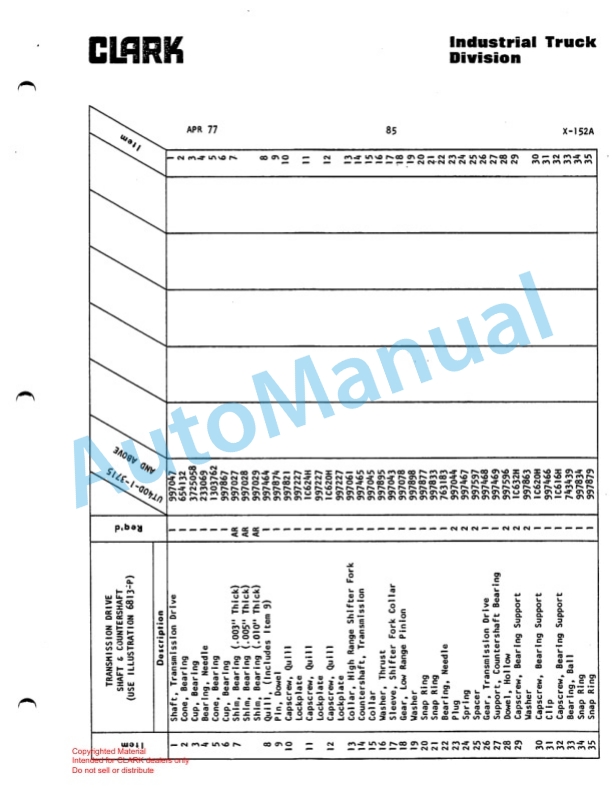 Clark Utility Truck 40D Parts Book X152A 3980-2