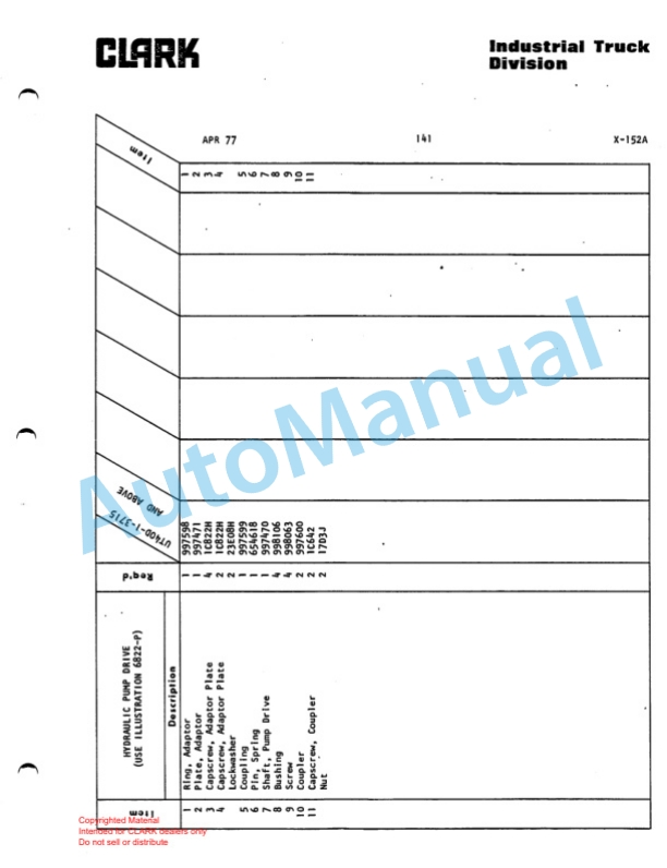 Clark Utility Truck 40D Parts Book X152A 3980-5