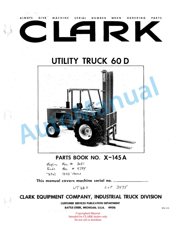 Clark Utility Truck 60D Parts Book X-145A