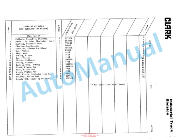Clark Utility Truck 60D Parts Book X-153A-5