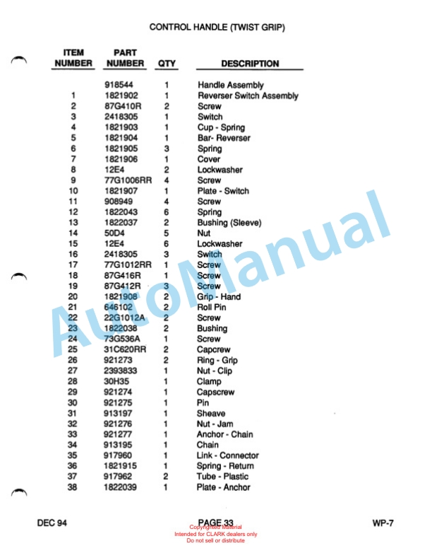 Clark WP40 Truck Parts Manual WP-7-2