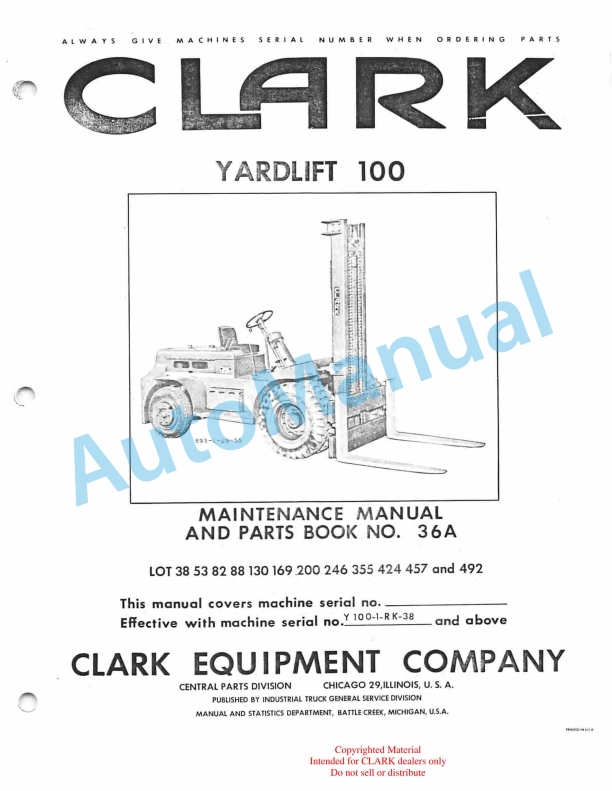 Clark Yardlift 100 Maintenance Manual and Parts Book 36A