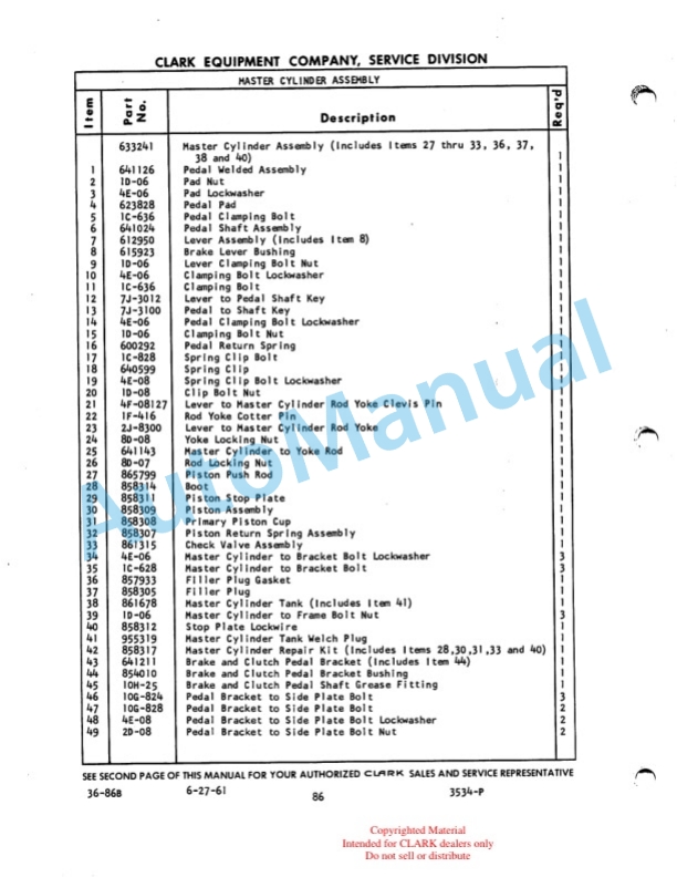 Clark Yardlift 100 Maintenance Manual and Parts Book 36A-4