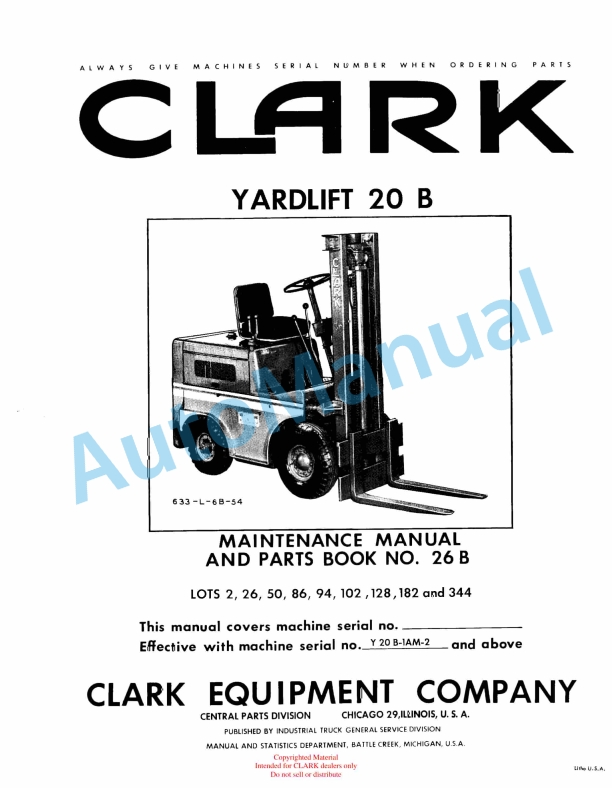 Clark Yardlift 20 B Maintenance Manual and Parts Book 26B