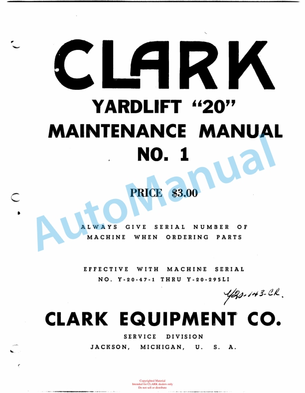 Clark Yardlift 20 Maintenance Manual 1