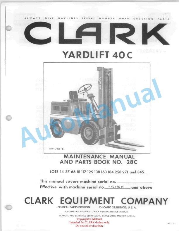 Clark Yardlift 40 C Maintenance Manual and Parts Book 28C