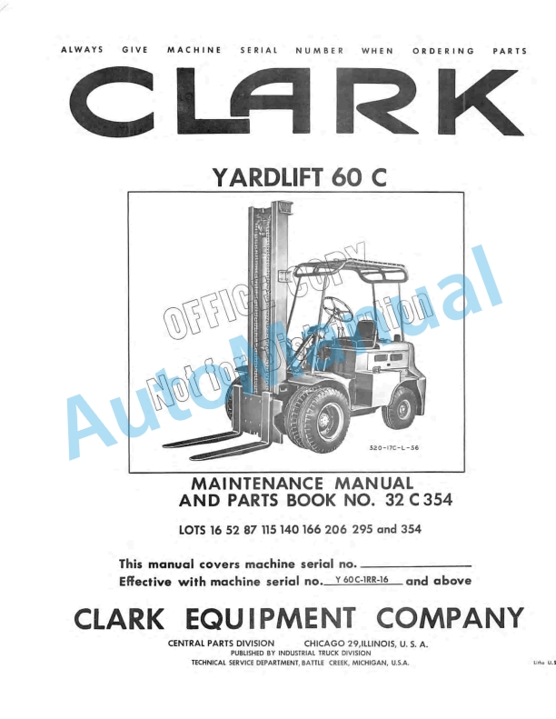 Clark Yardlift 60 C Maintenance Manual and Parts Book 32C354