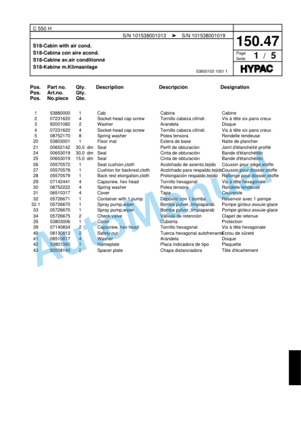Hypac C 550 H Pneumatic Tired Roller Spare Parts Catalogue 00818279 4 Hypac C 550 H Pneumatic Tired Roller Spare Parts Catalogue 00818279-4