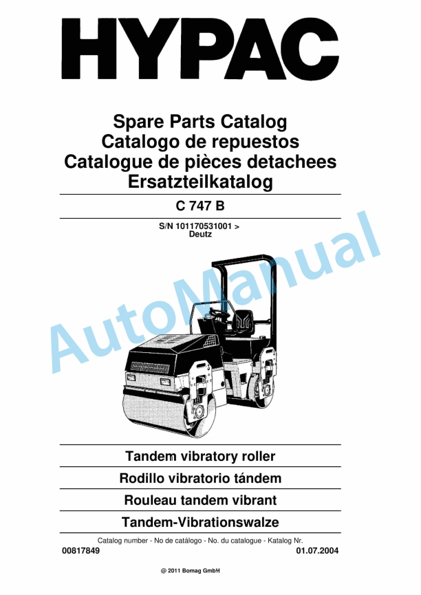 Hypac C 747 B Tandem Vibratory Roller Spare Parts Catalogue 00817849