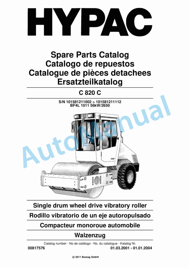 Hypac C 820 C Single Drum Wheel Drive Vibratory Roller Spare Parts Catalogue 00817576
