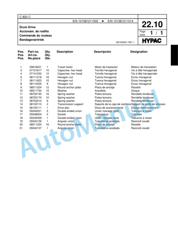 Hypac C 820 C Single Drum Wheel Drive Vibratory Roller Spare Parts Catalogue 00817576-2