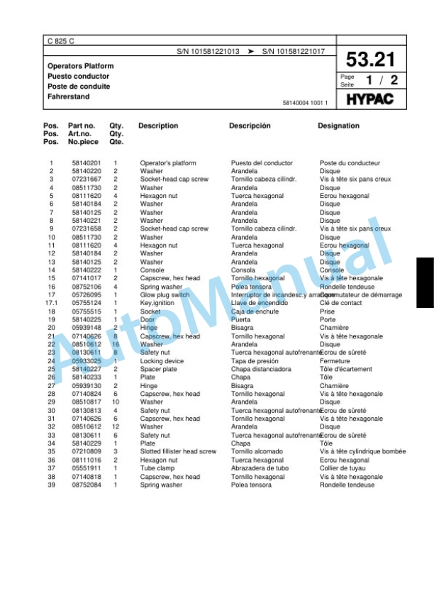 Hypac C 825 C Single Drum Wheel Drive Vibratory Roller Spare Parts Catalogue 00817578-2