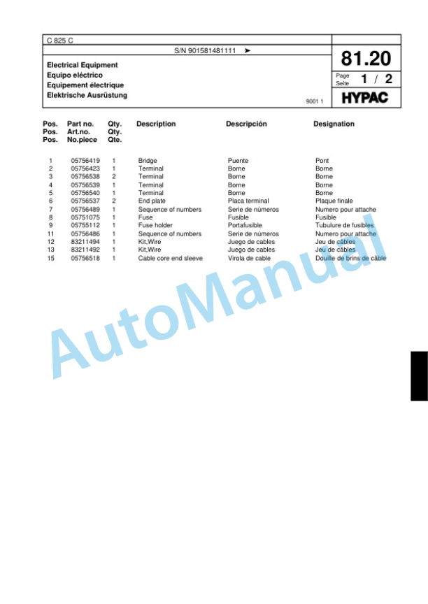 Hypac C 825 C Single Drum Wheel Drive Vibratory Roller Spare Parts Catalogue 00817929-3