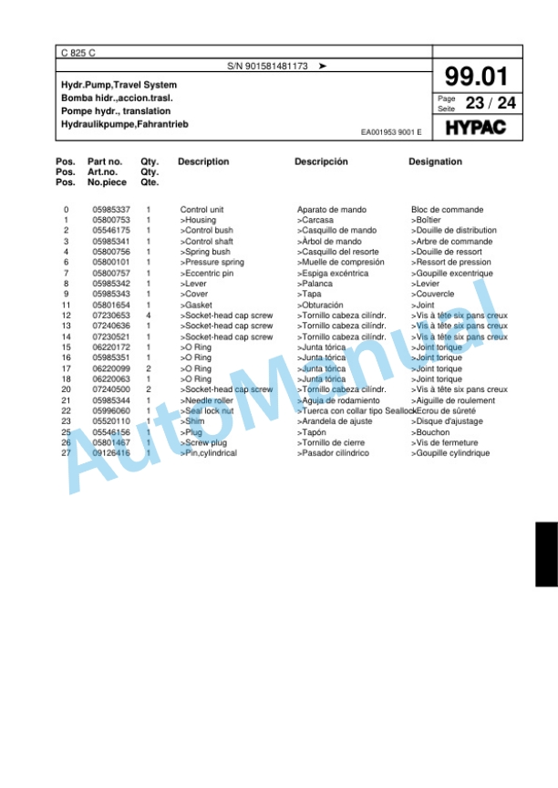 Hypac C 825 C Single Drum Wheel Drive Vibratory Roller Spare Parts Catalogue 00817929-4
