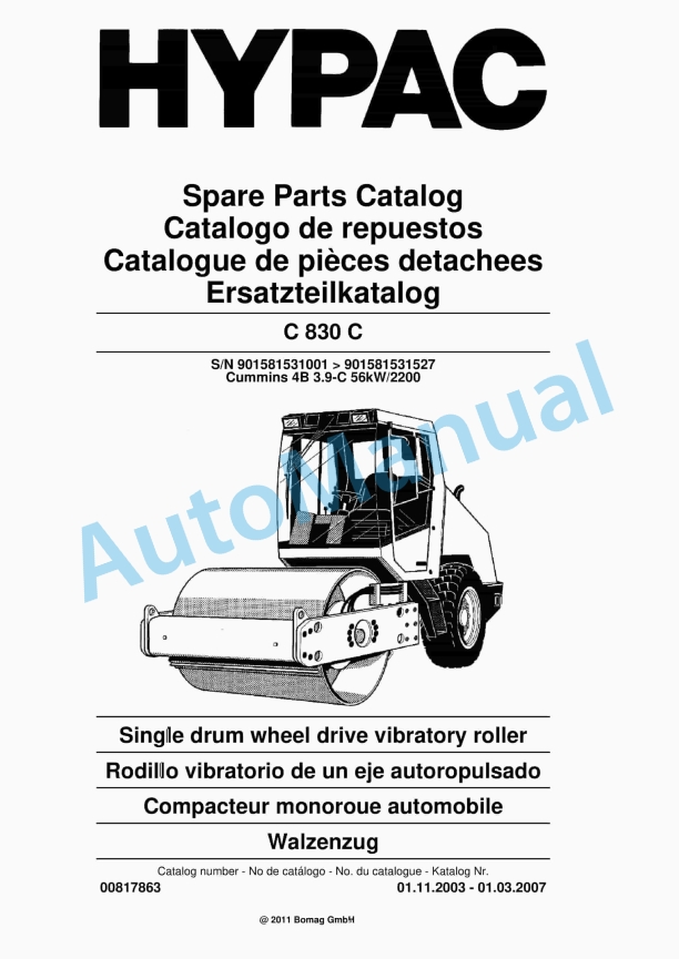 Hypac C 830 C Single Drum Wheel Drive Vibratory Roller Spare Parts Catalogue 00817863