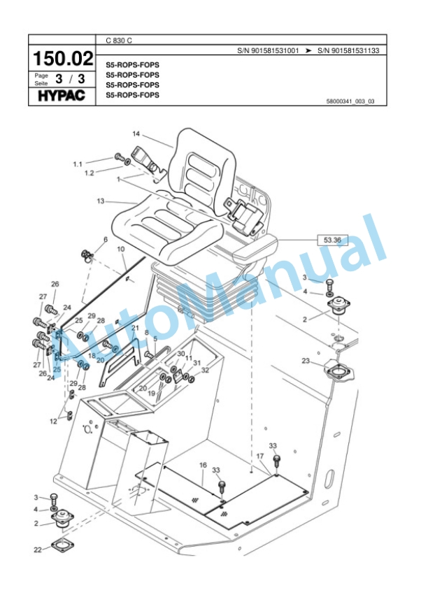 Hypac C 830 C Single Drum Wheel Drive Vibratory Roller Spare Parts Catalogue 00817863-4