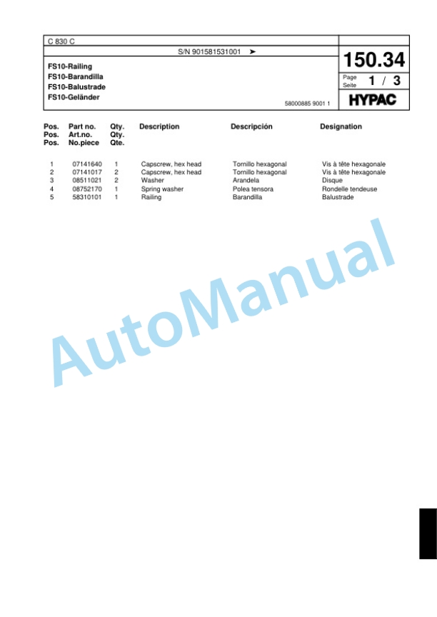 Hypac C 830 C Single Drum Wheel Drive Vibratory Roller Spare Parts Catalogue 00817863-5