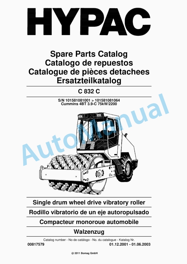 Hypac C 832 C Single Drum Wheel Drive Vibratory Roller Spare Parts Catalogue 00817579