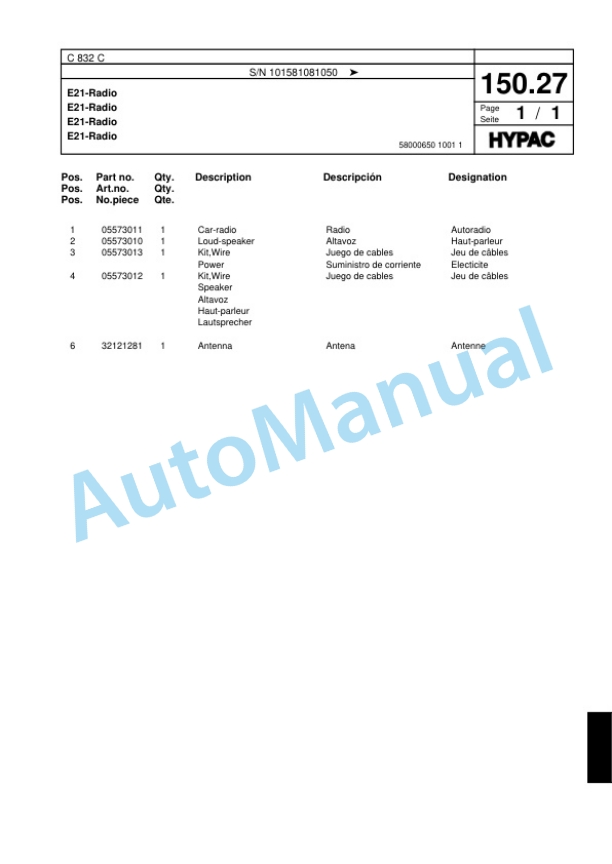 Hypac C 832 C Single Drum Wheel Drive Vibratory Roller Spare Parts Catalogue 00817579-5
