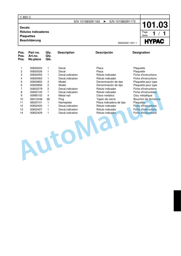 Hypac C 850 C Single Drum Wheel Drive Vibratory Roller Spare Parts Catalogue 00817583-3