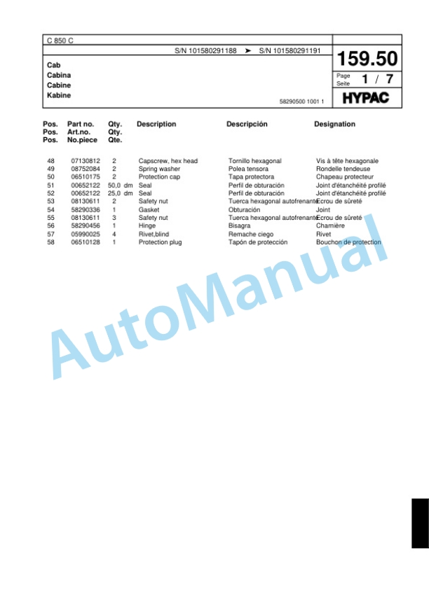 Hypac C 850 C Single Drum Wheel Drive Vibratory Roller Spare Parts Catalogue 00817583-5