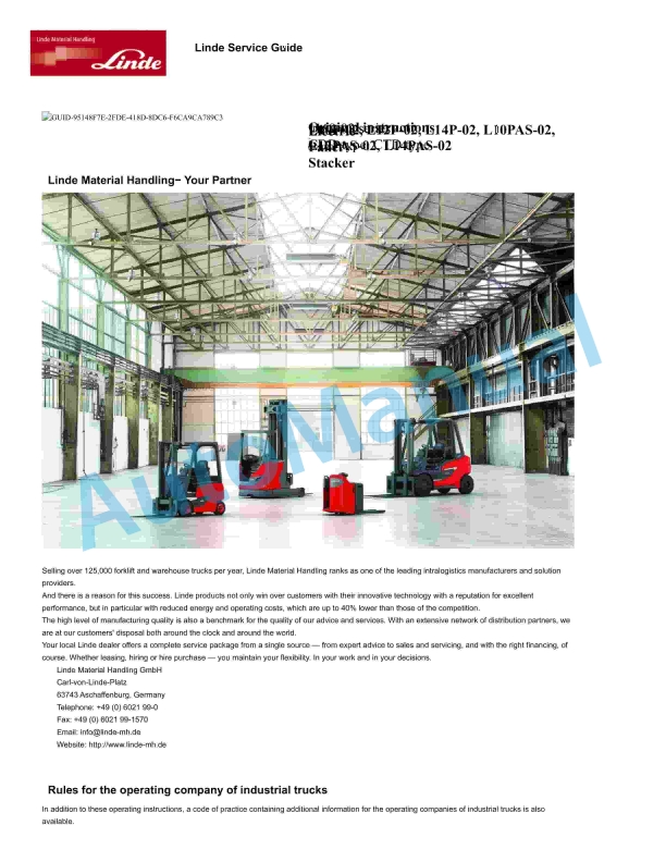 Linde 1169-02 - L10P-02 to L14PAS-02 Production site XM2 Operating Instructions SN C21169Y50006 and up