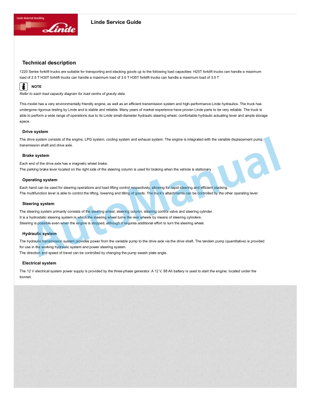 Alternative view of Linde 1220-01 - H25D, H25T, H30D, H30T, H35D, H35T Production site Xiamen Operating Instructions SN C11220G00001 and up