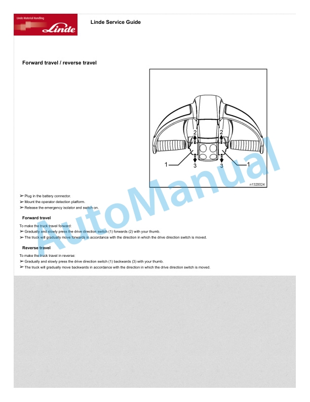 Alternative view of Linde 132-01 - N20, N20 B, N20HP, N20L, N20LI, N20LoL, N24, N24 B, N24HP Operating Instructions SN W4X132V02232 and up