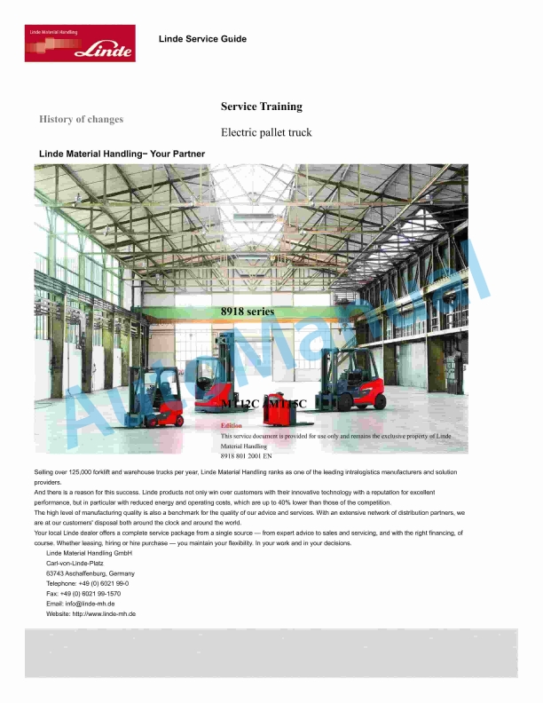 Linde 8918-01 - MT12C, MT15C Production site Xiamen Workshop Manuals SN CT8918M00001 and up