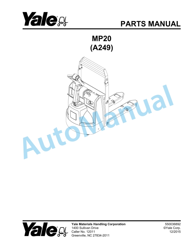 Yale A249 MP20 Parts Manual 550036892