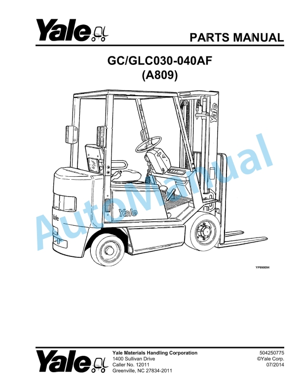 Yale A809 GC-GLC030-040AF Parts Manual 504250775