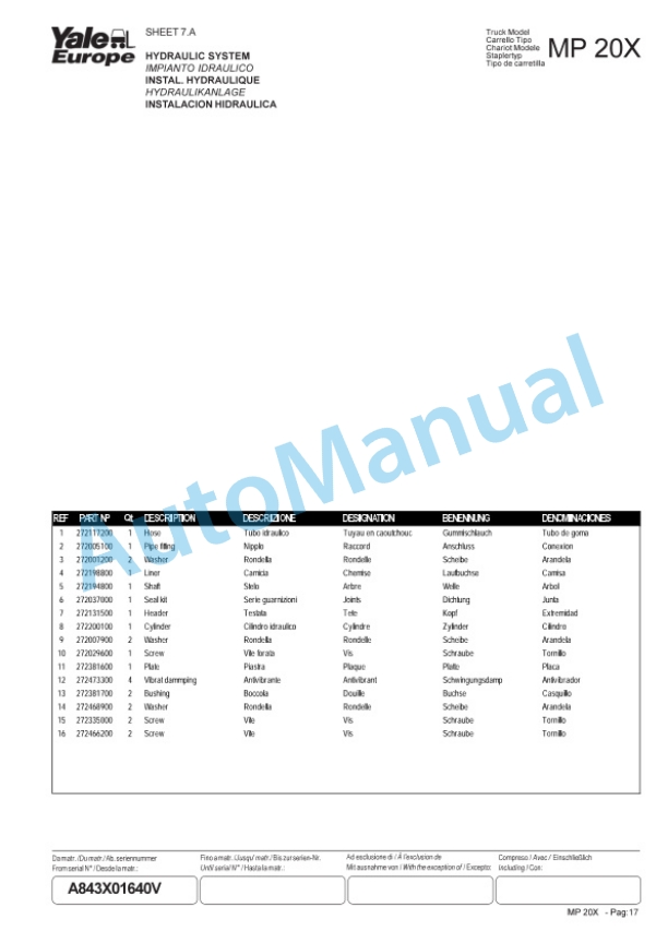 Yale A843 MP20X Parts Manual 272355200 2 Yale A843 MP20X Parts Manual 272355200-2