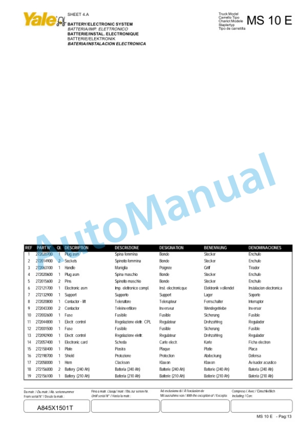 Yale A845 MS10E Parts Manual 258979903 2 Yale A845 MS10E Parts Manual 258979903-2