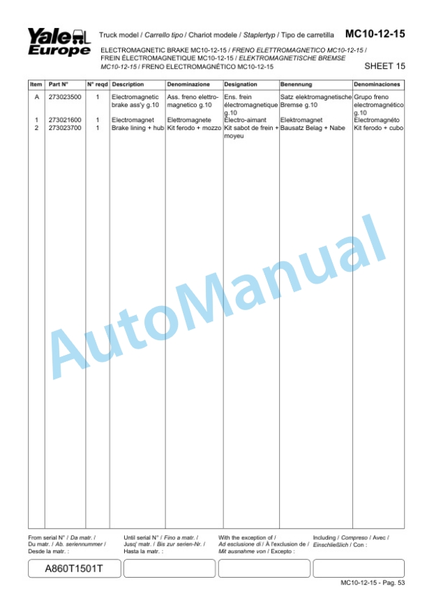 Yale A860 MC10, MC12, MC15 Parts Manual 273123300 5 Yale A860 MC10, MC12, MC15 Parts Manual 273123300-5