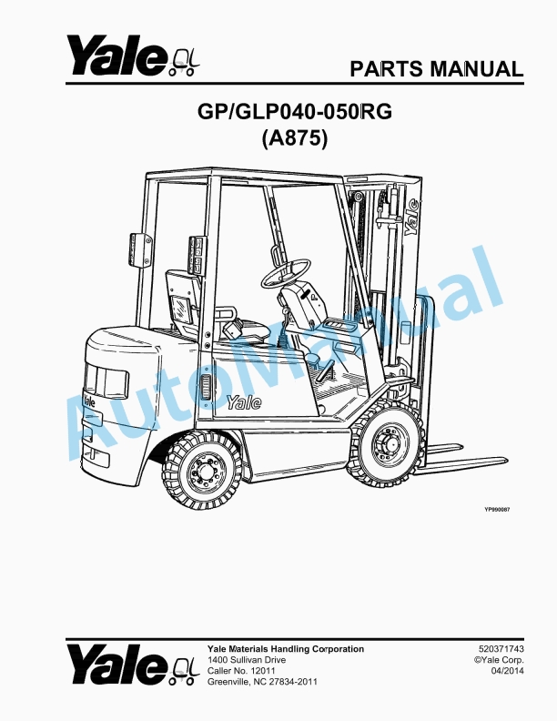 Yale A875 GP-GLP040-050RG Parts Manual 520371743