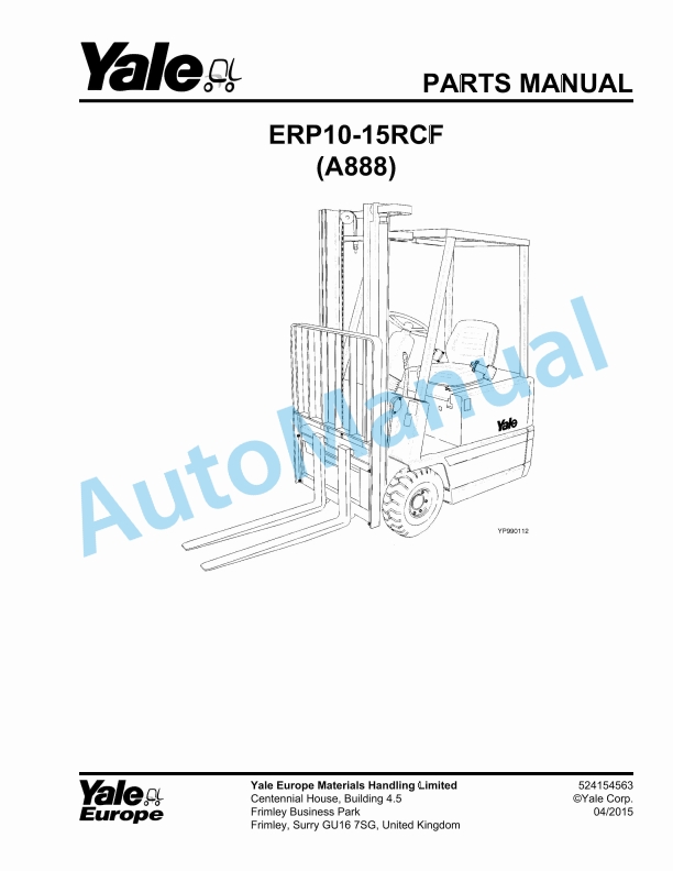 Yale A888 ERP10-15RCF Parts Manual 524154563