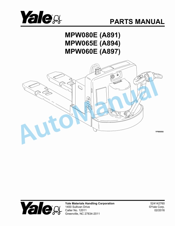 Yale A891 - A894 - A897 MPW080E, MPW065E, MPW060E Parts Manual 524142760
