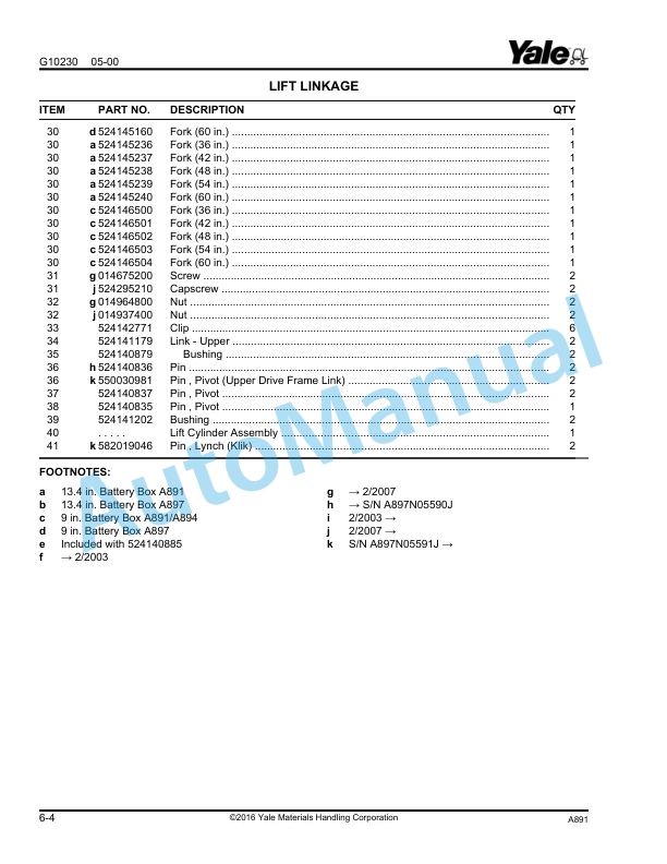 Yale A891 - A894 - A897 MPW080E, MPW065E, MPW060E Parts Manual 524142760 3 Yale A891 - A894 - A897 MPW080E, MPW065E, MPW060E Parts Manual 524142760 - Image 3