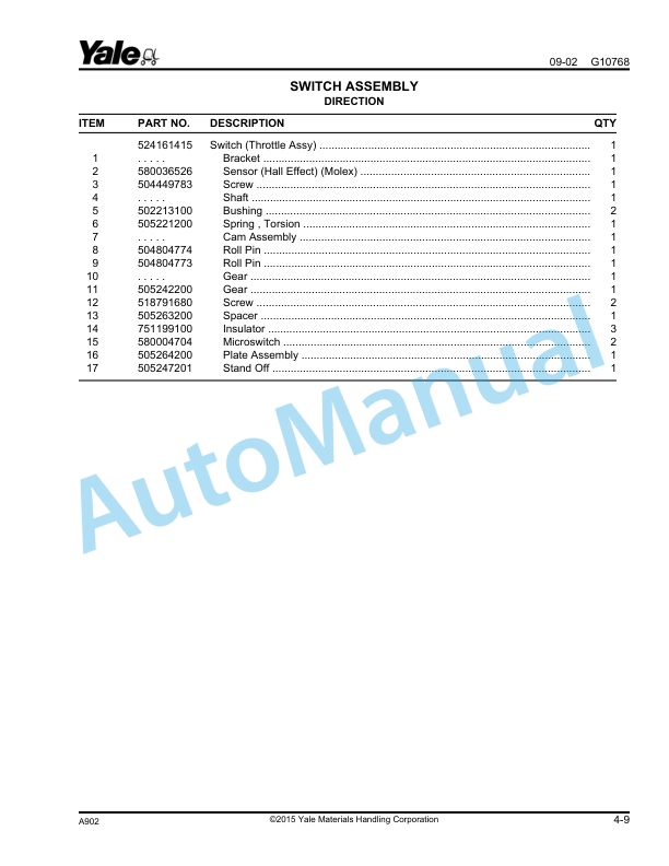 Yale A902 - A903 MTR005-E, MTR007-E Parts Manual 524167340 3 Yale A902 - A903 MTR005-E, MTR007-E Parts Manual 524167340 - Image 3