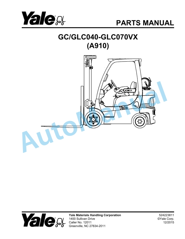 Yale A910 GC-GLC040-GLC070VX Parts Manual 524223811