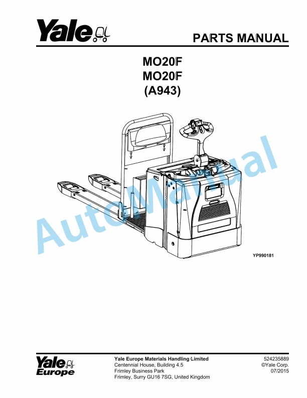 Yale A943 MO20F Parts Manual 524235889