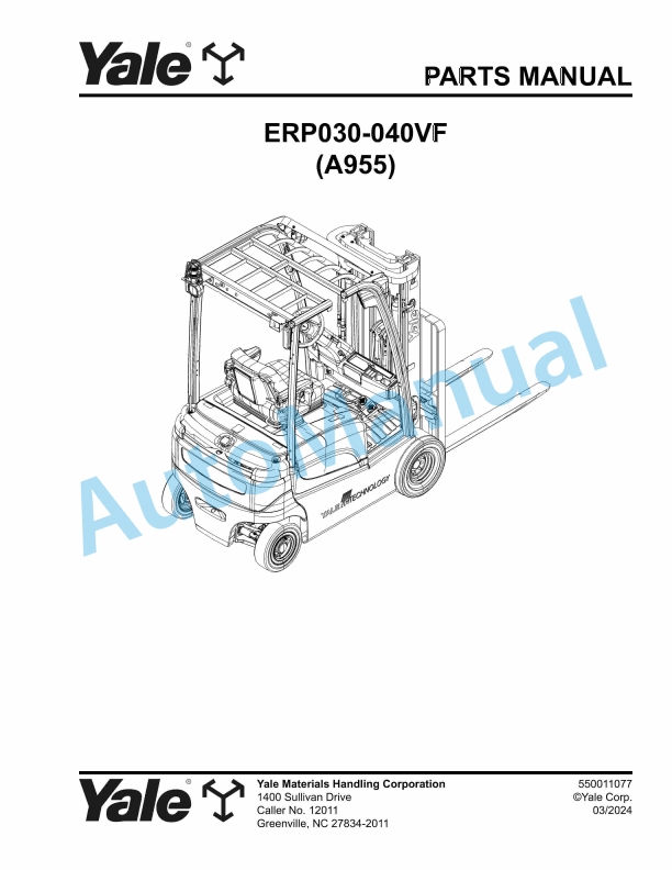 Yale A955 ERP030-040VF Parts Manual 550011077