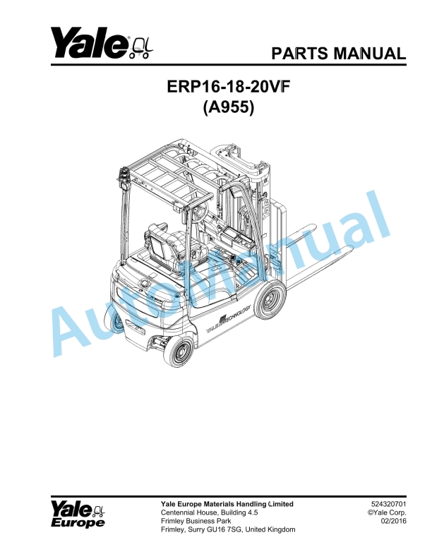 Yale A955 ERP16-18-20VF Parts Manual 524320701