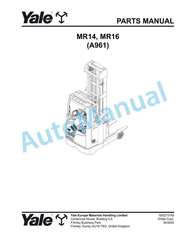Yale A961 MR14, MR16 Parts Manual 550273145