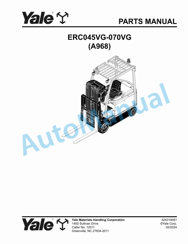 Yale A968 ERC045VG-070VG Parts Manual 524319461