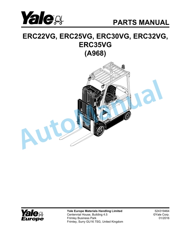 Yale A968 ERC22VG, ERC25VG, ERC30VG, ERC32VG, ERC35VG Parts Manual 524319464