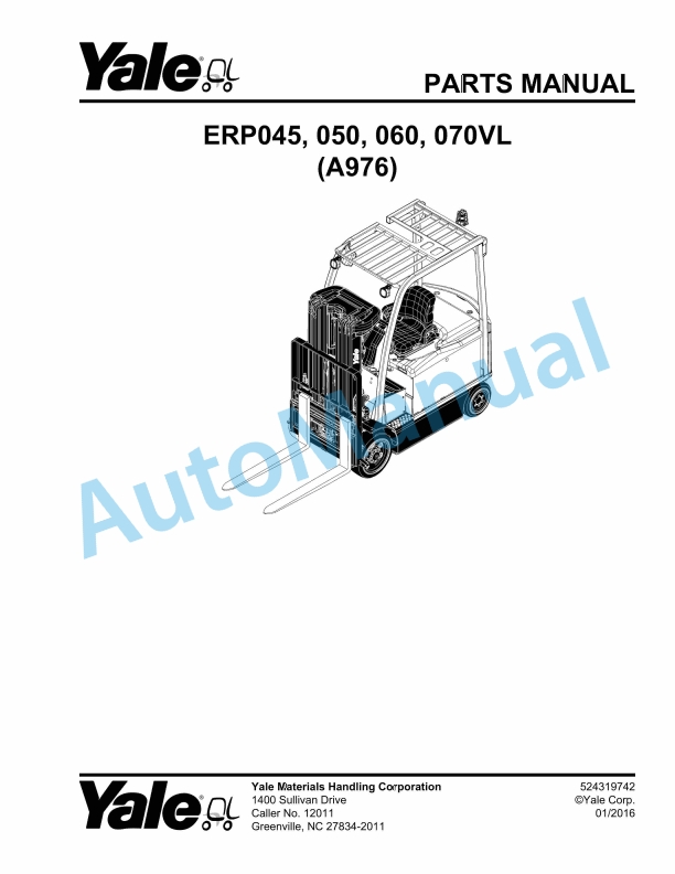 Yale A976 ERP045, 050, 060, 070VL Parts Manual 524319742
