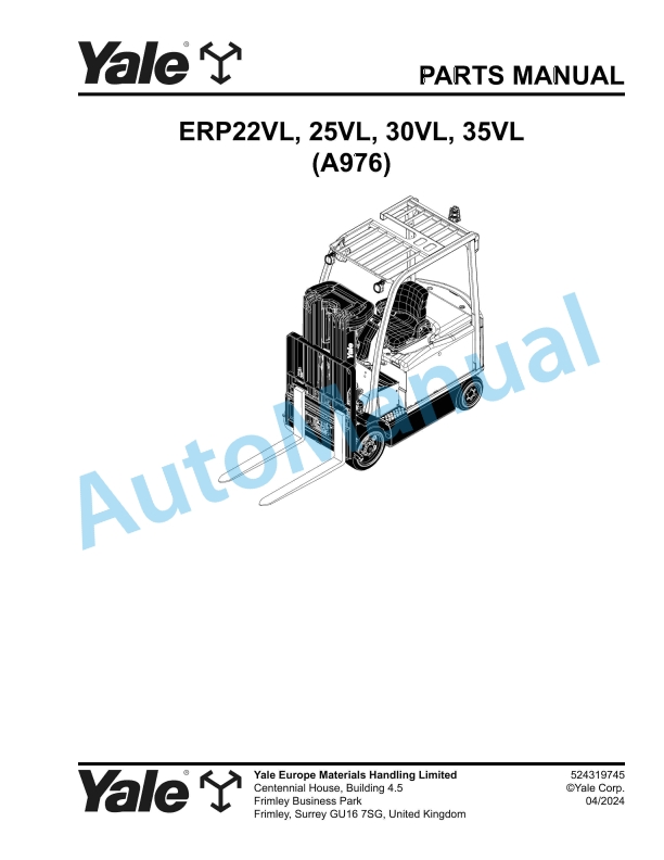 Yale A976 ERP22VL, 25VL, 30VL, 35VL Parts Manual 524319745