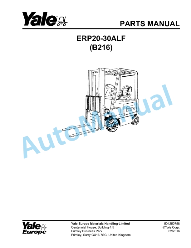 Yale B216 ERP20-30ALF Parts Manual 504250758
