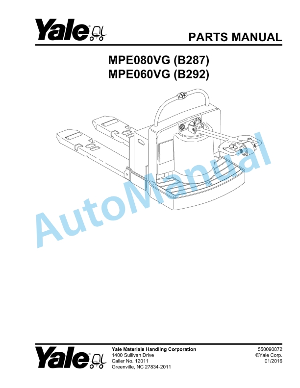 Yale B287 - B292 MPE080VG, MPE060VG Parts Manual 550090072